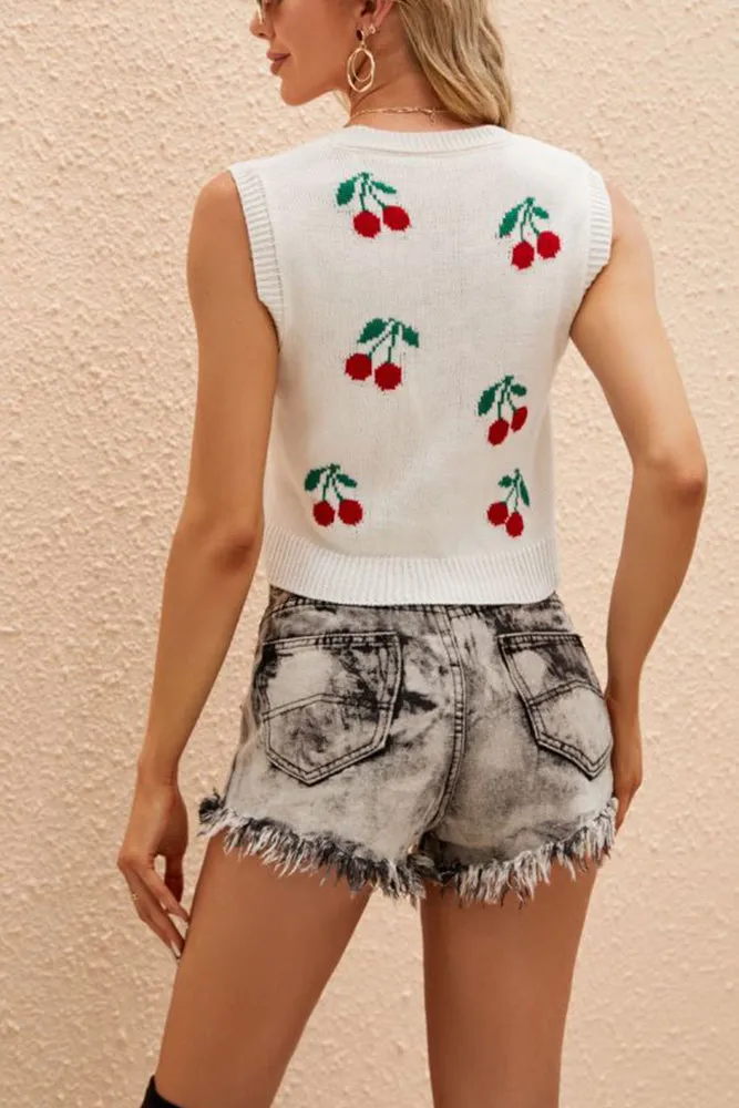 Cherry Knit Sleeveless V Neck Crop Top