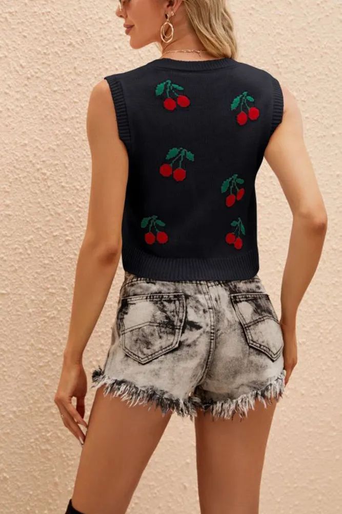 Cherry Knit Sleeveless V Neck Crop Top