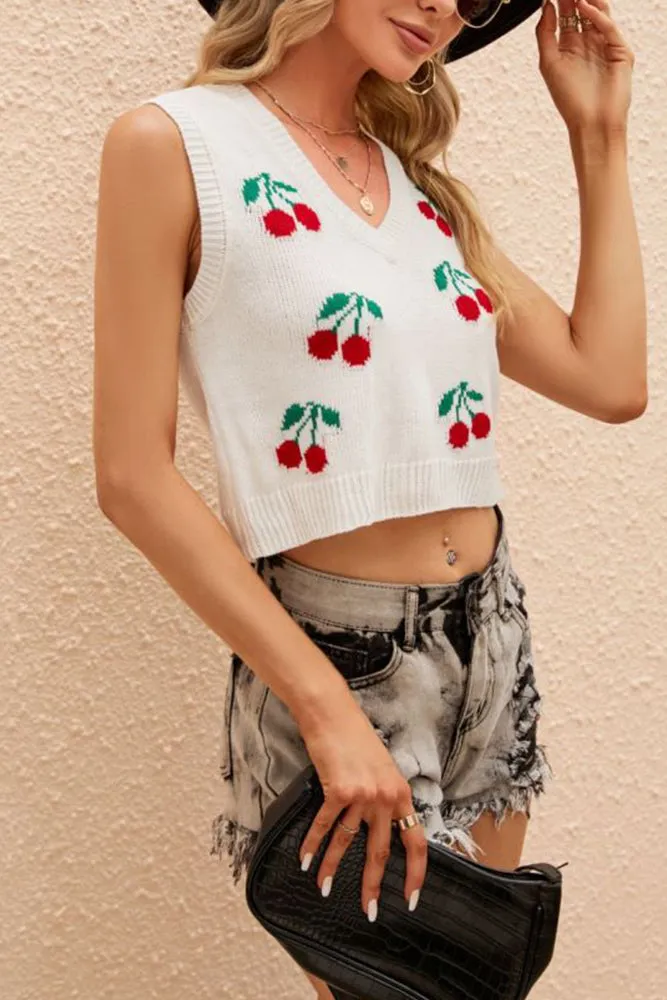 Cherry Knit Sleeveless V Neck Crop Top
