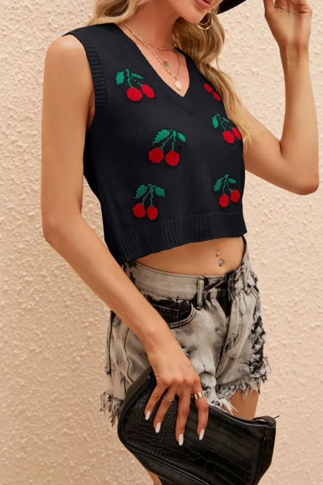 Cherry Knit Sleeveless V Neck Crop Top