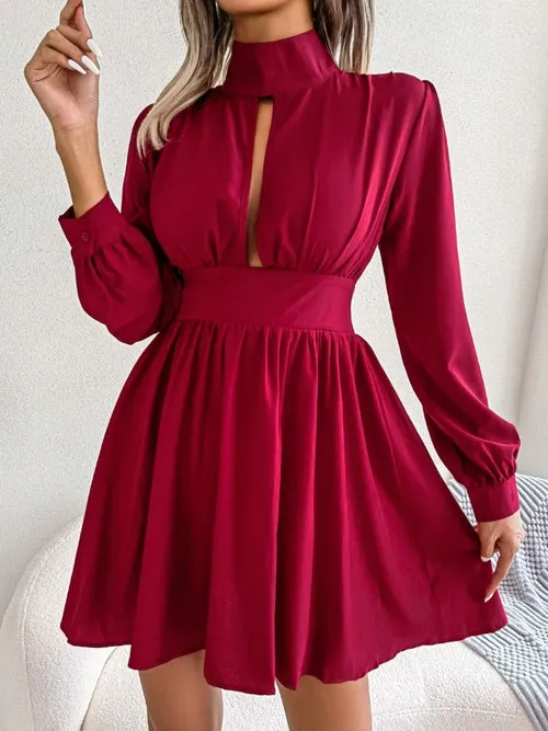 Chic Cutout Turtleneck Mini Dress - A-Line, Long Sleeve, Keyhole Neckline - Casual Elegance for Women