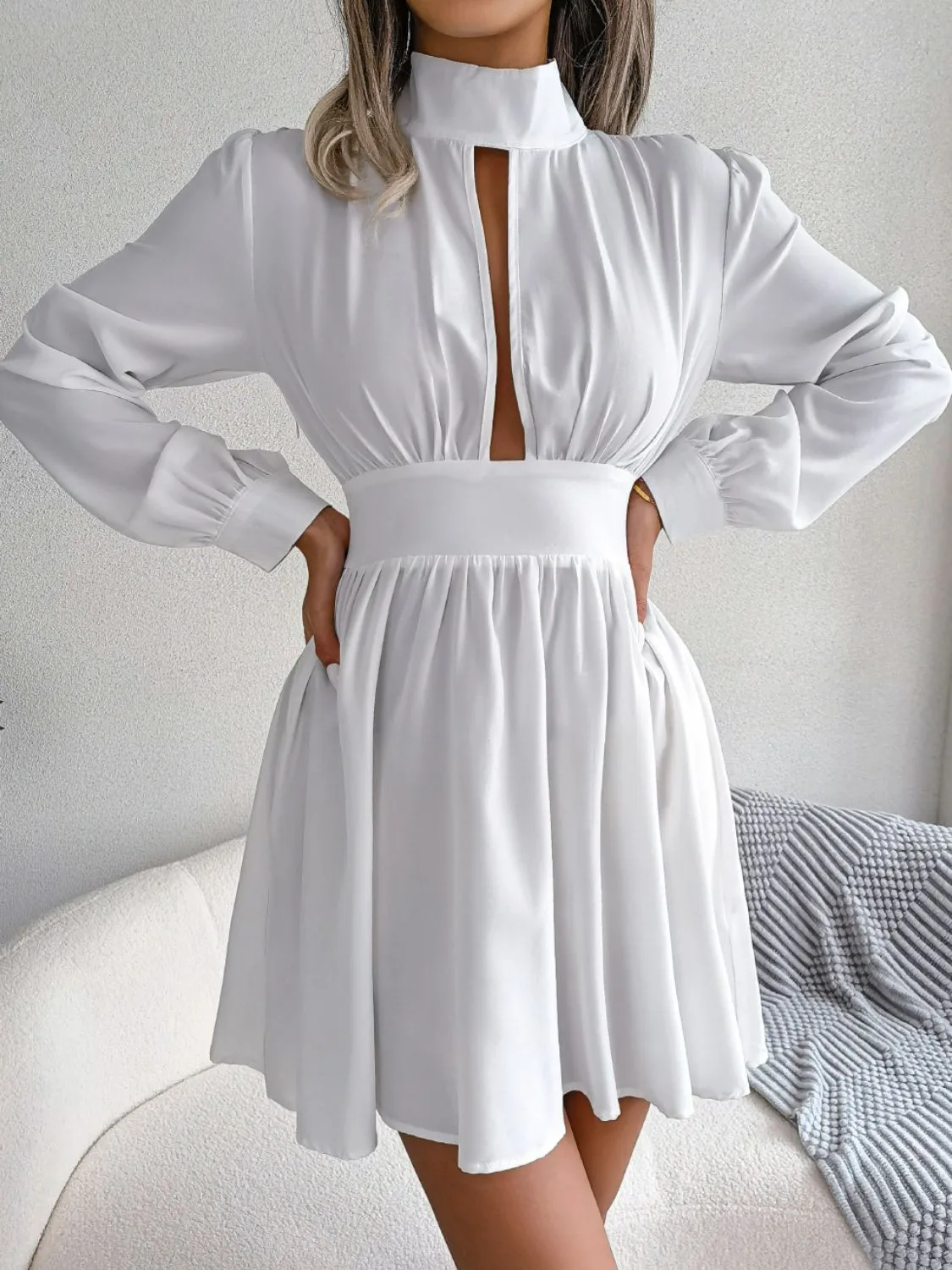 Chic Cutout Turtleneck Mini Dress - A-Line, Long Sleeve, Keyhole Neckline - Casual Elegance for Women