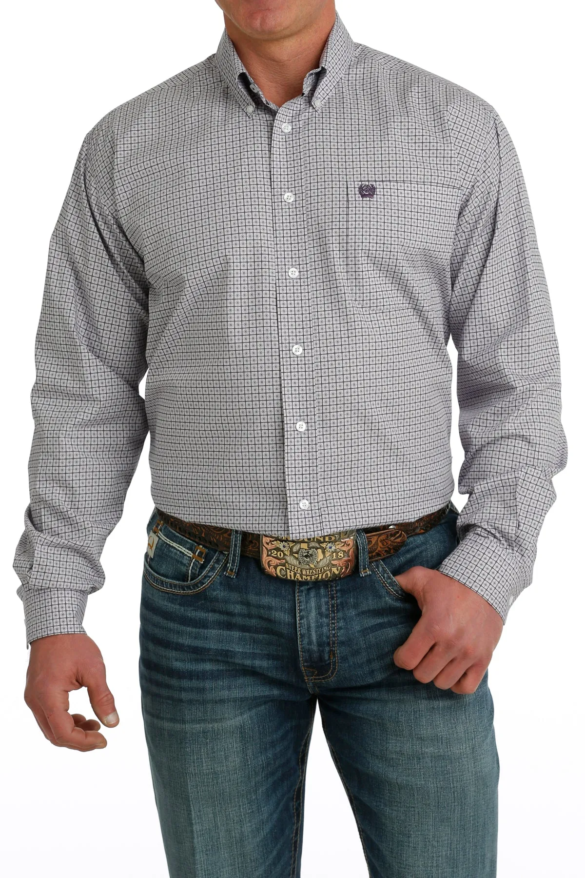 Cinch Men's L/S Classic Fit Geometric Squares Western Button Down Shirt in Purple