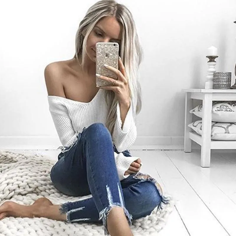 Clearance Sexy White Long Sleeve Crop Top Sweater