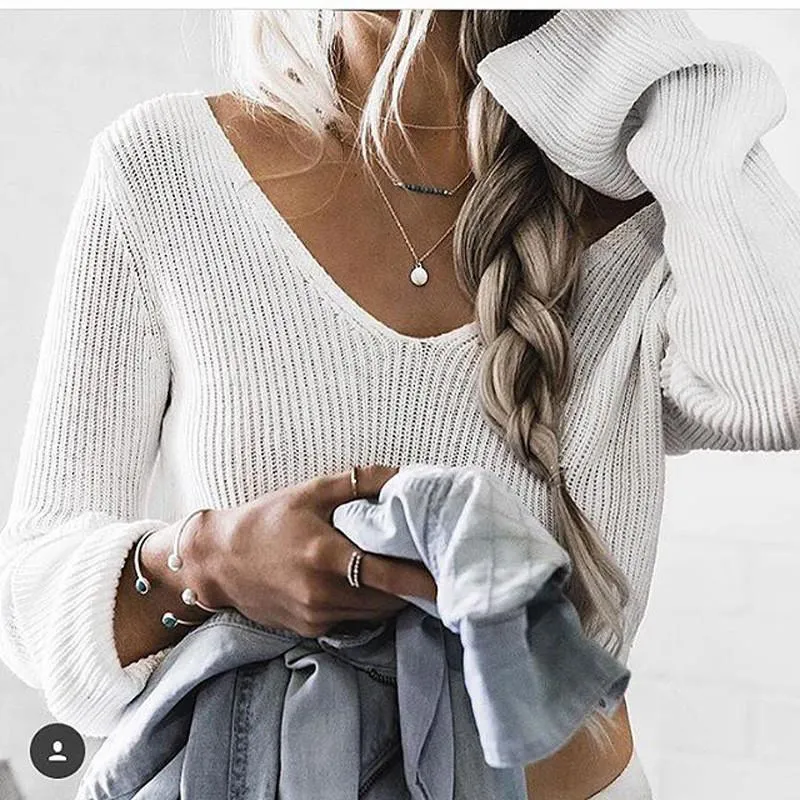 Clearance Sexy White Long Sleeve Crop Top Sweater