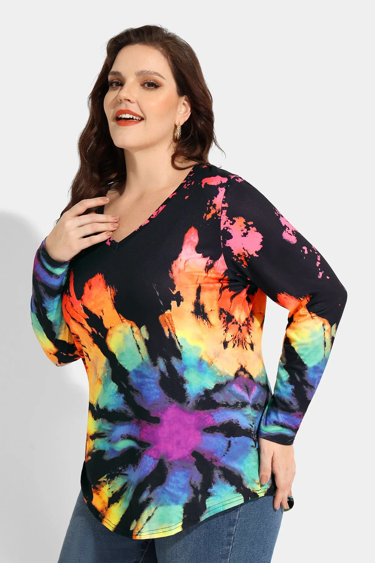 Contrast Tie Dye V Neck Long Sleeve Shirt