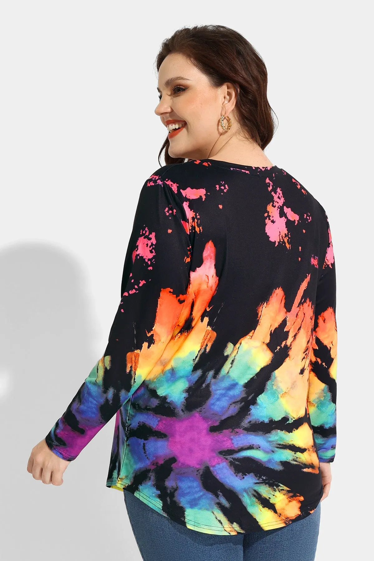 Contrast Tie Dye V Neck Long Sleeve Shirt