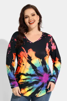 Contrast Tie Dye V Neck Long Sleeve Shirt
