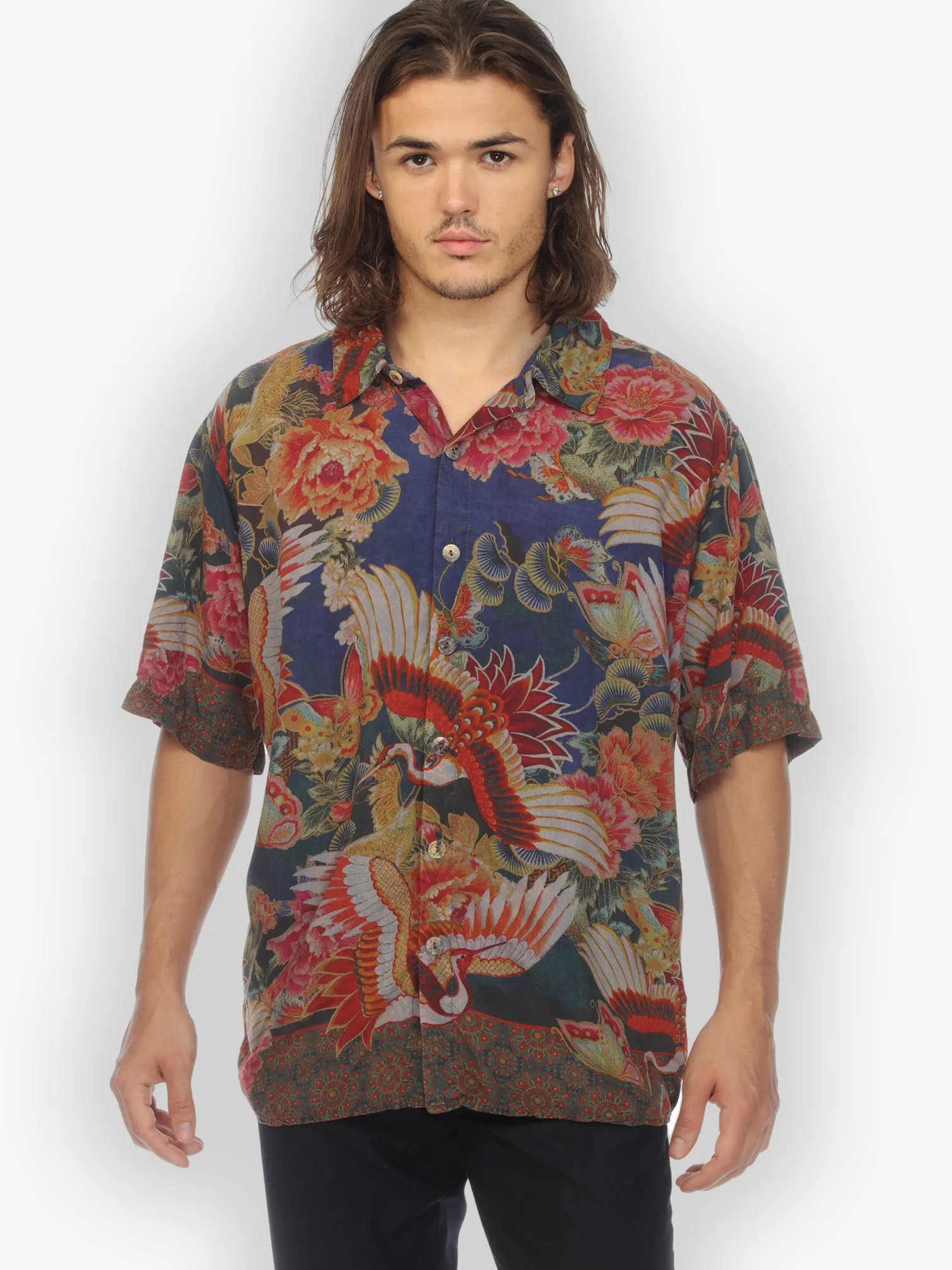 Crane and Butterfly Dyed Men’s Silk Blend Shirt