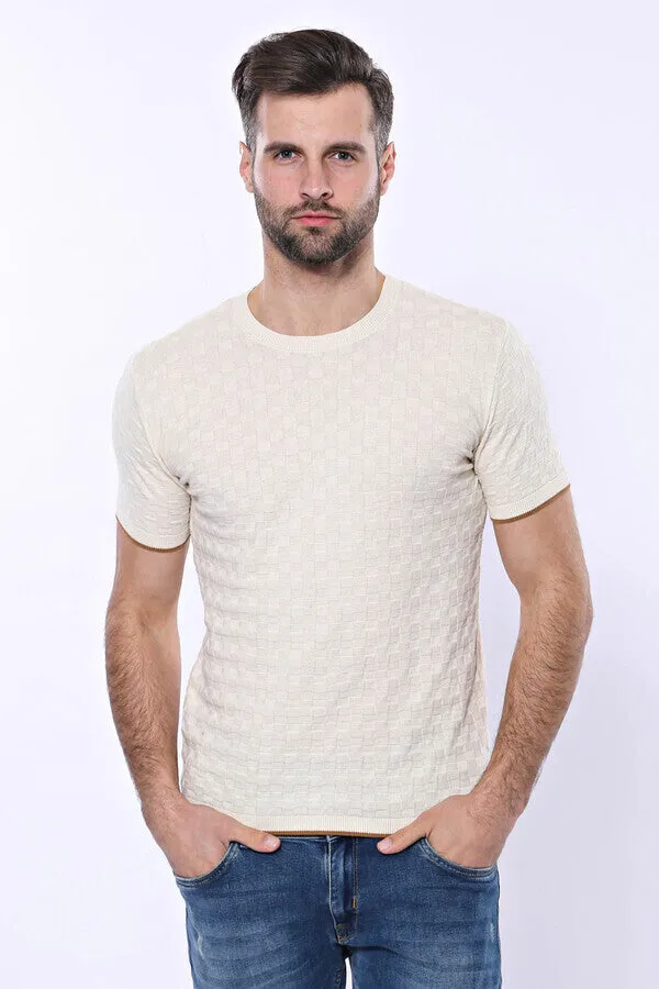 Cream Patterned Tricot Knitted T-Shirt - Wessi
