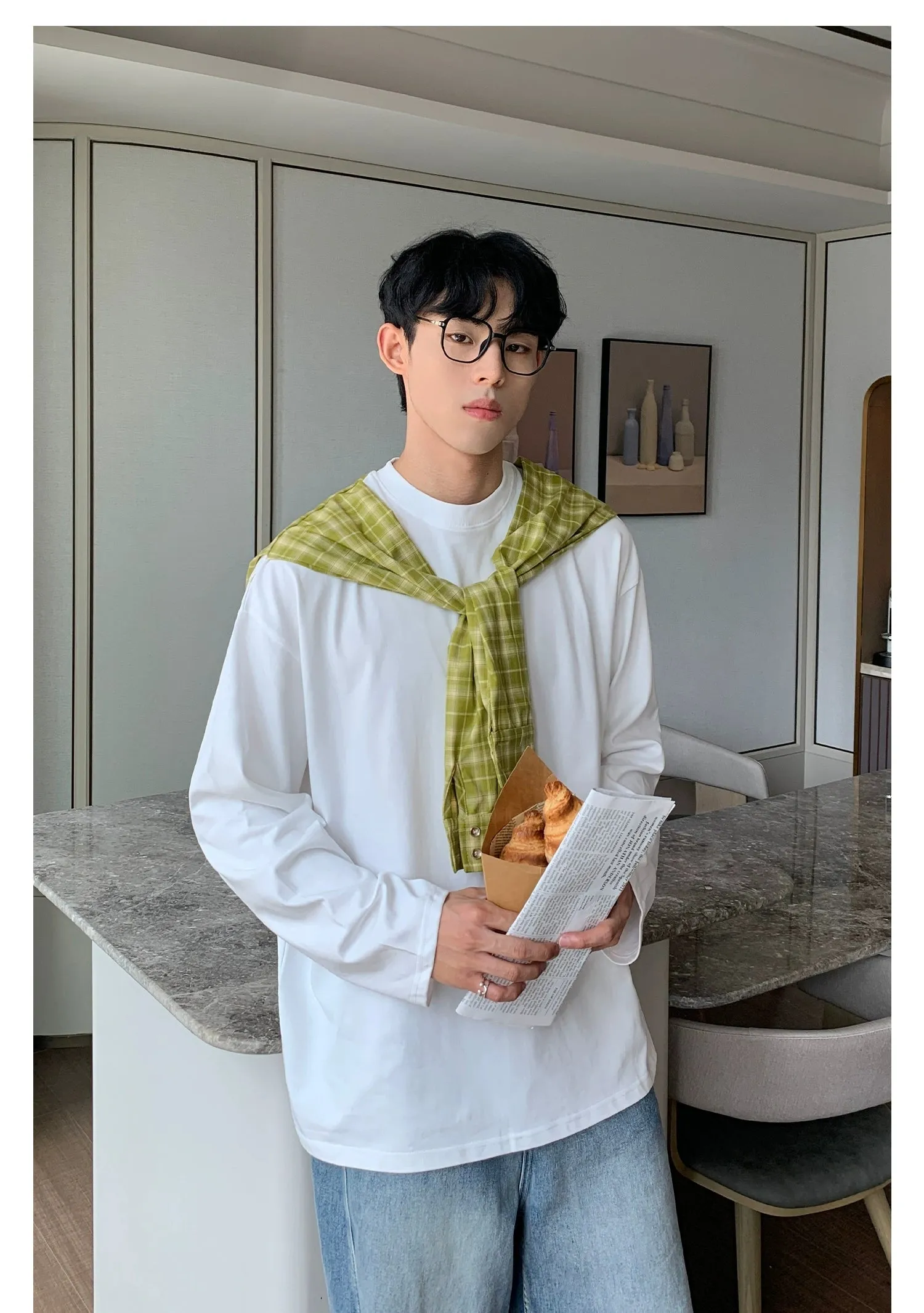 Cui Plaid Contrast Shawl Long Sleeve T-Shirt