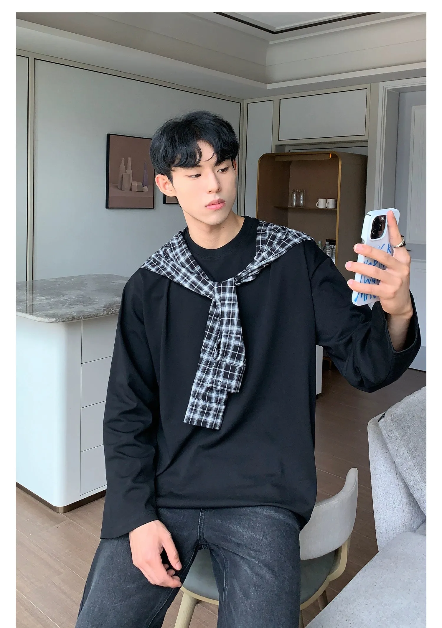 Cui Plaid Contrast Shawl Long Sleeve T-Shirt