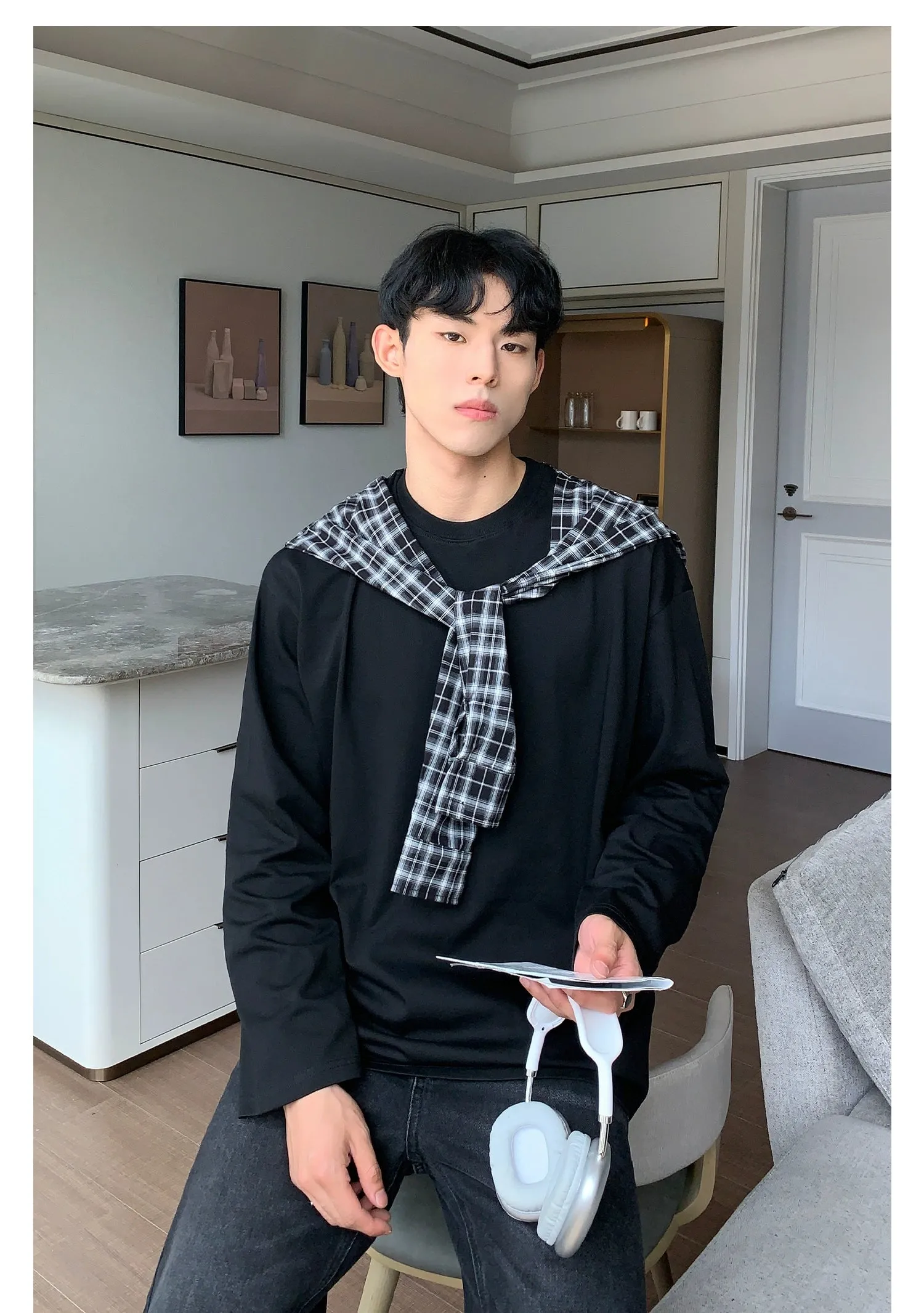 Cui Plaid Contrast Shawl Long Sleeve T-Shirt