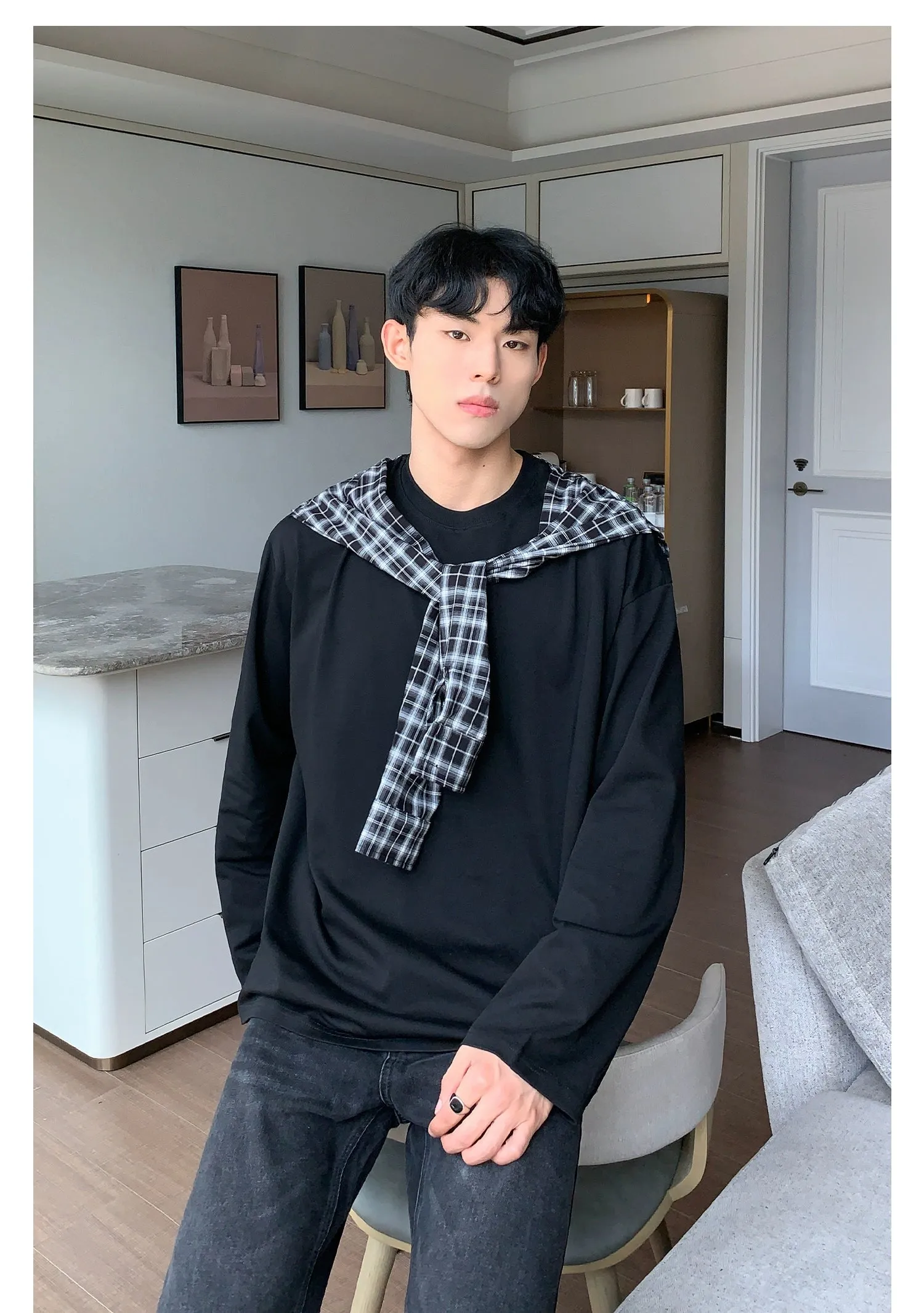 Cui Plaid Contrast Shawl Long Sleeve T-Shirt