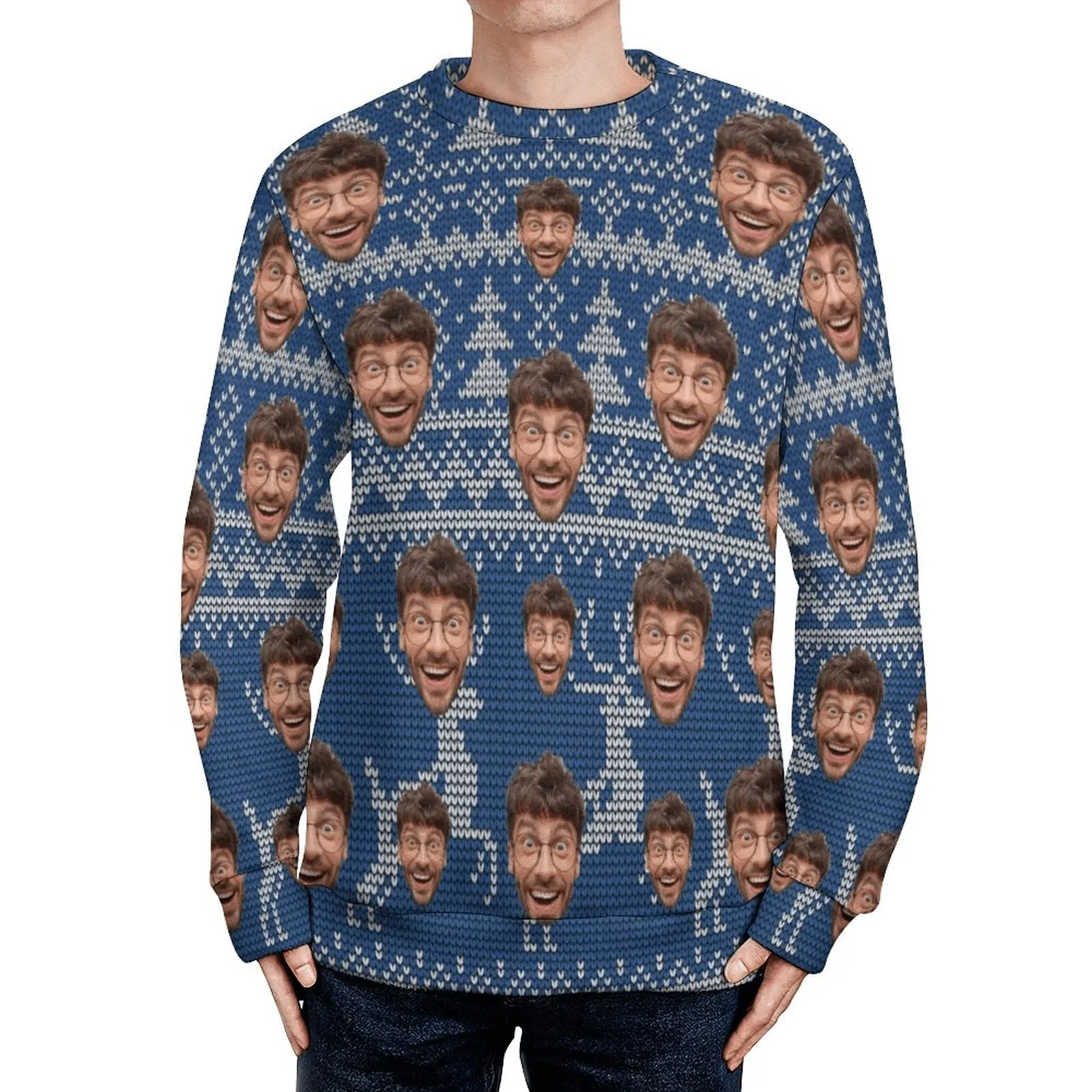 Custom Face Blue Sweater for Family Long Sleeve Ugly Christmas Sweater Tops