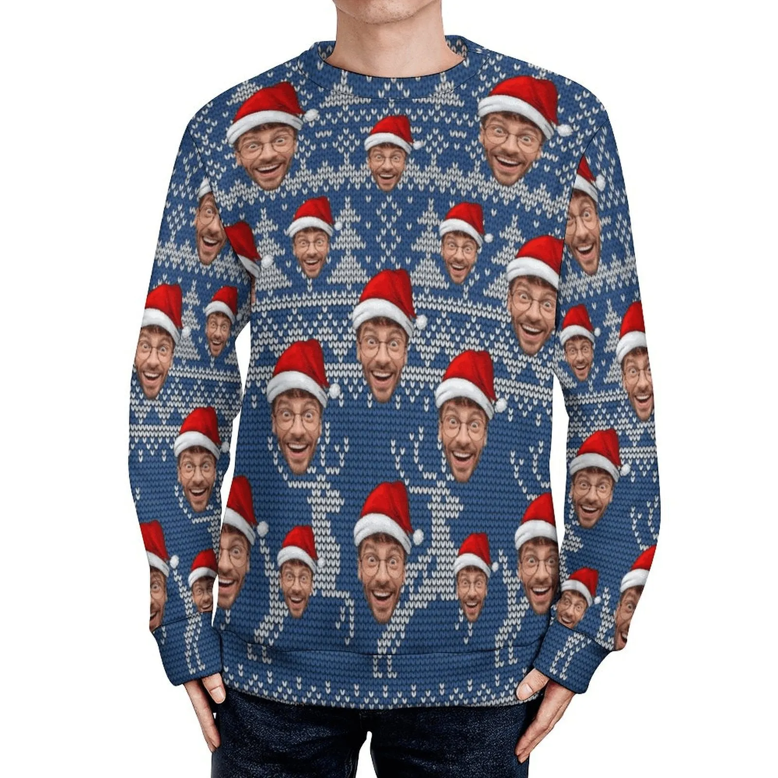 Custom Face Blue Sweater for Family Long Sleeve Ugly Christmas Sweater Tops