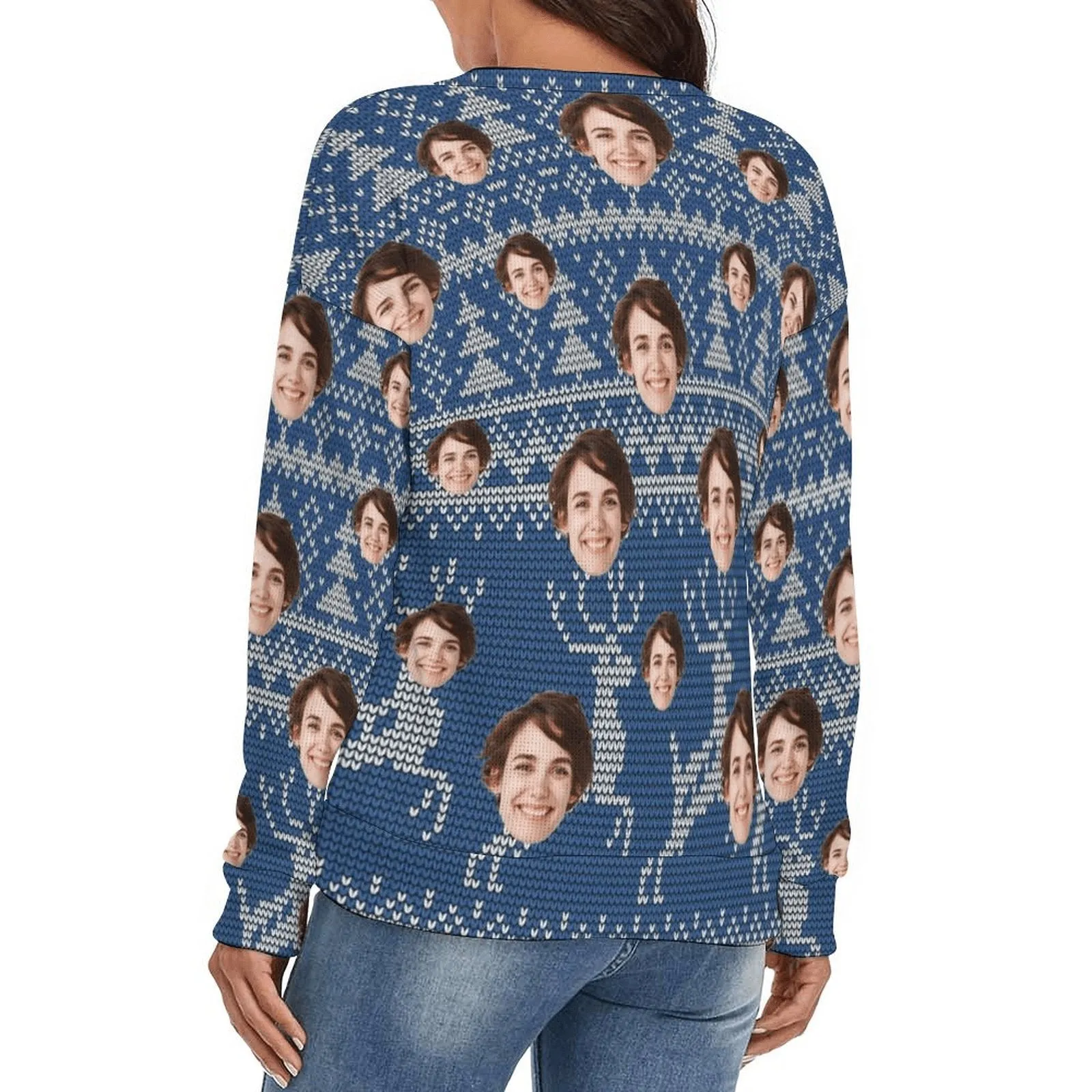 Custom Face Blue Sweater for Family Long Sleeve Ugly Christmas Sweater Tops