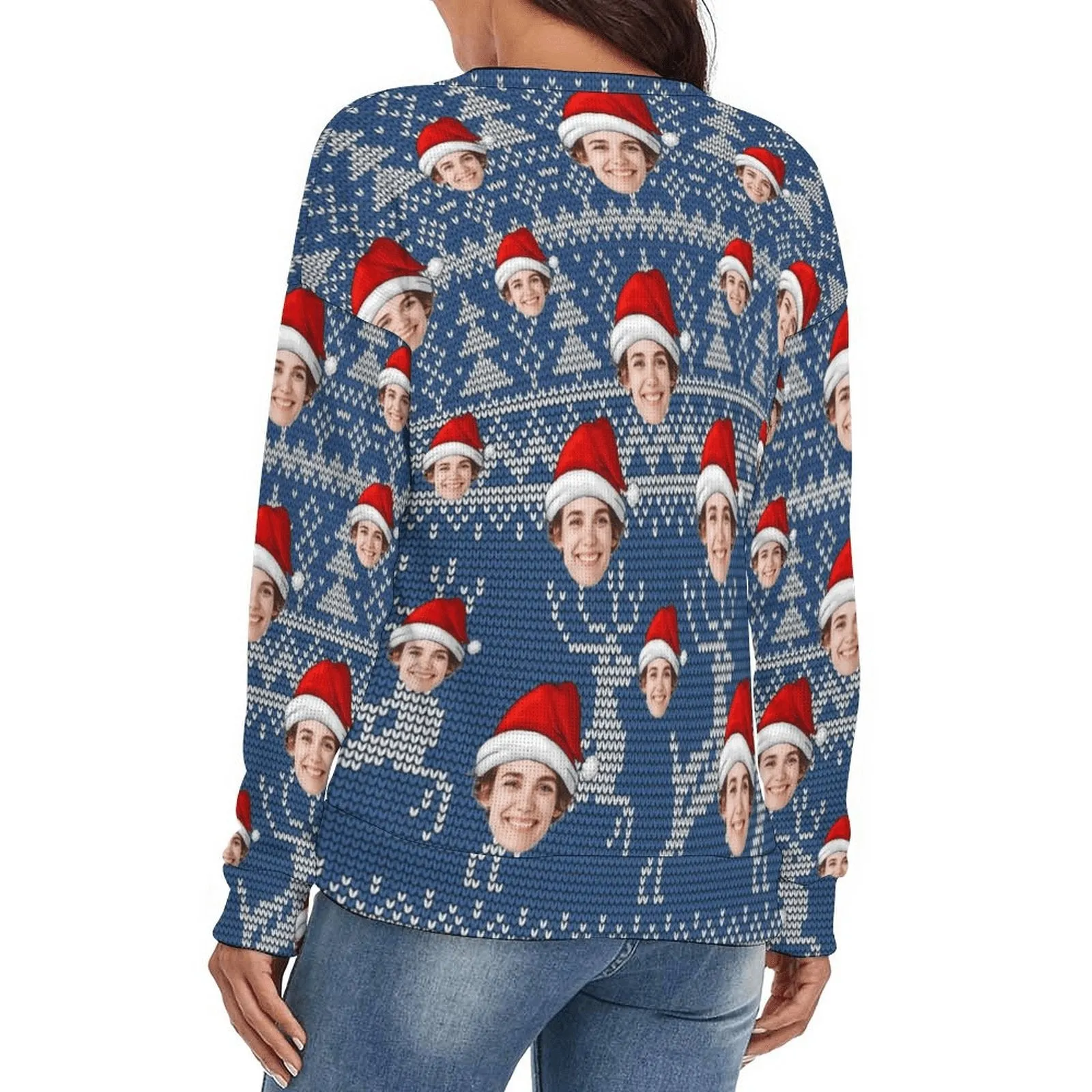Custom Face Blue Sweater for Family Long Sleeve Ugly Christmas Sweater Tops