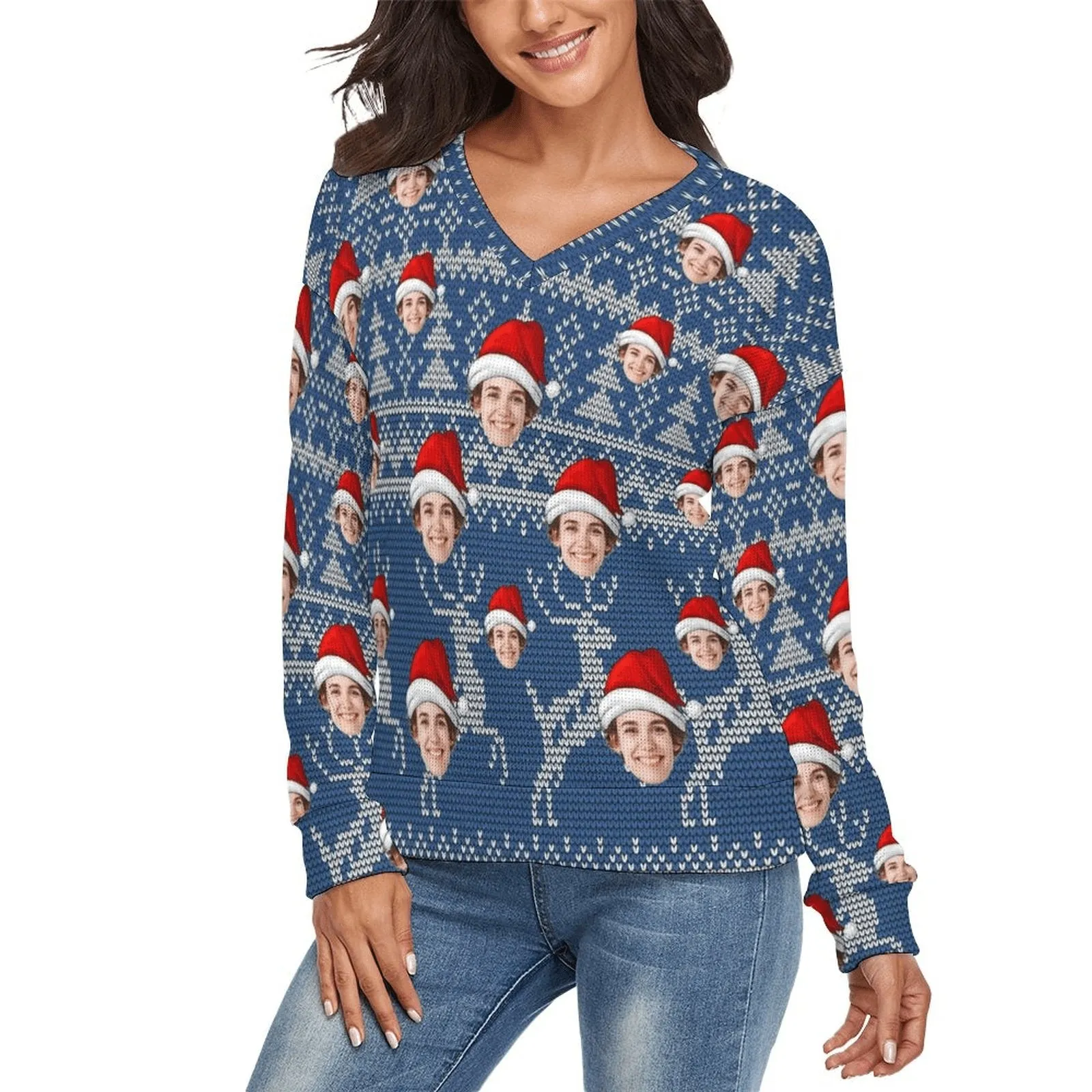 Custom Face Blue Sweater for Family Long Sleeve Ugly Christmas Sweater Tops