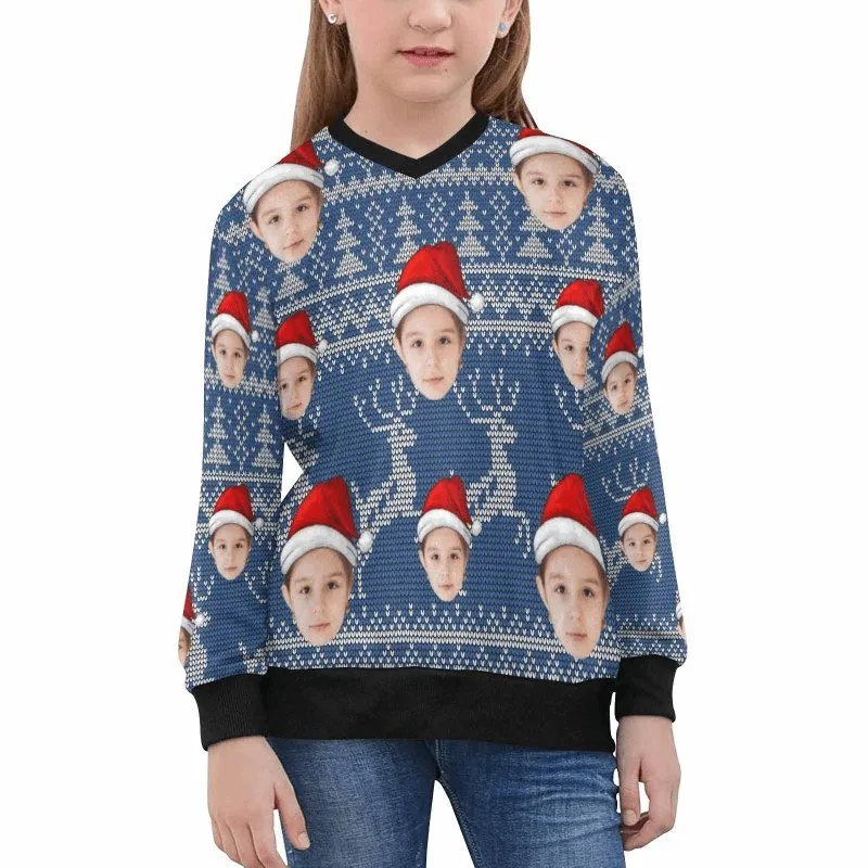Custom Face Blue Sweater for Family Long Sleeve Ugly Christmas Sweater Tops