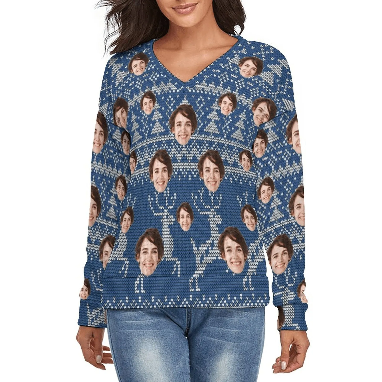 Custom Face Blue Sweater for Family Long Sleeve Ugly Christmas Sweater Tops