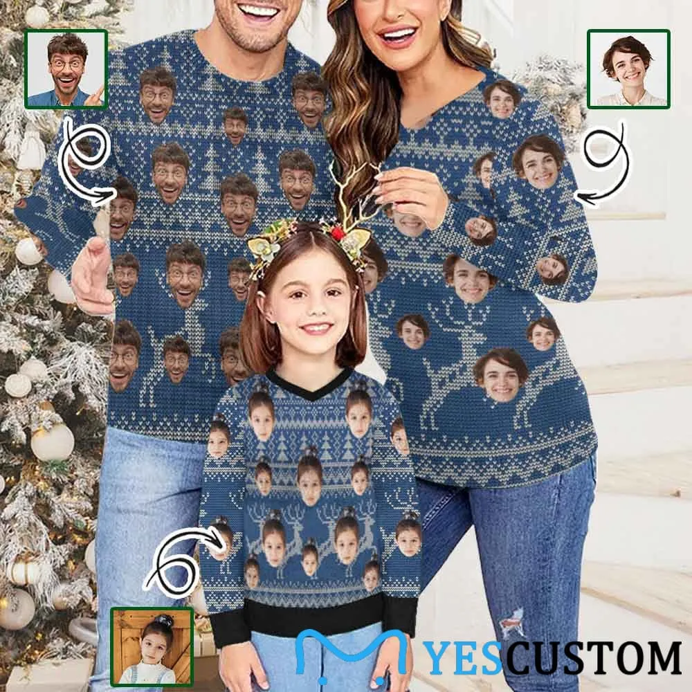 Custom Face Blue Sweater for Family Long Sleeve Ugly Christmas Sweater Tops