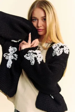 Davi & Dani Floral Applique Cardigan Black Women Open Front Long Sleeve