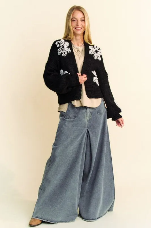 Davi & Dani Floral Applique Cardigan Black Women Open Front Long Sleeve