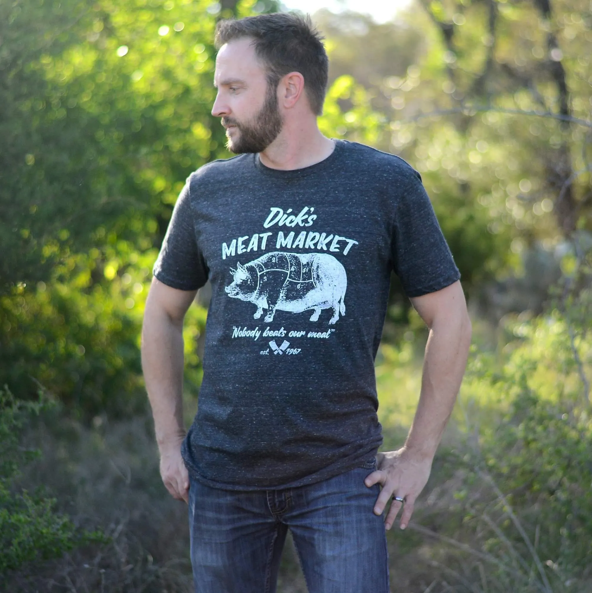 Dick's Meat Market Men's Shirt (Black Heather Crew), Funny Graphic Shirt