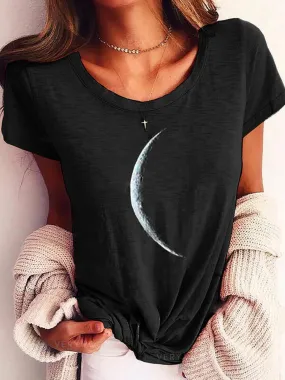 Dunnmall Black Moon Printed Club Daily Casual Short Sleeve Shift Shirts & Tops