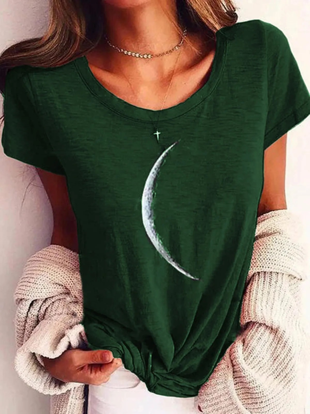 Dunnmall Black Moon Printed Club Daily Casual Short Sleeve Shift Shirts & Tops