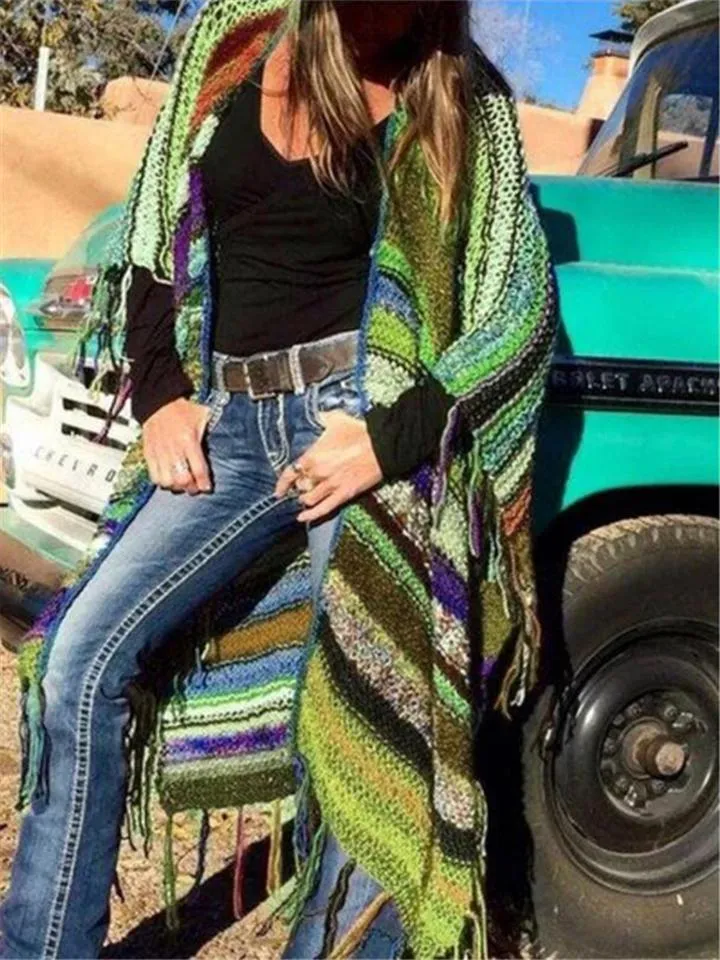 Dunnmall Bohemian Color Block Tassel Knitted Sweater Long Shawl Cardigan