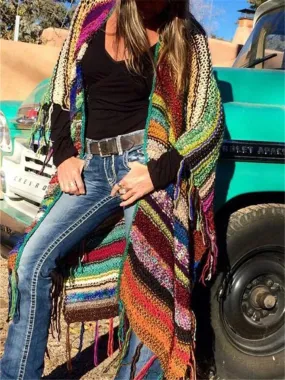 Dunnmall Bohemian Color Block Tassel Knitted Sweater Long Shawl Cardigan