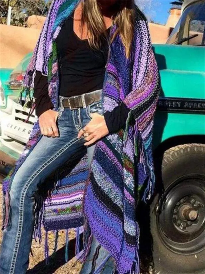 Dunnmall Bohemian Color Block Tassel Knitted Sweater Long Shawl Cardigan