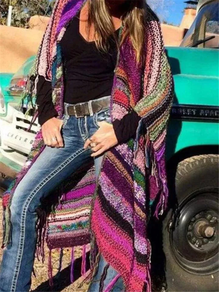 Dunnmall Bohemian Color Block Tassel Knitted Sweater Long Shawl Cardigan