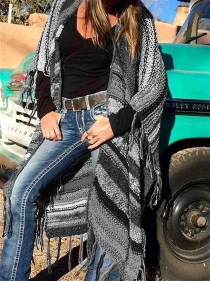 Dunnmall Bohemian Color Block Tassel Knitted Sweater Long Shawl Cardigan