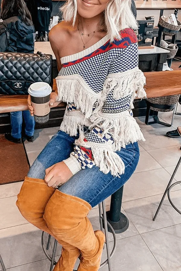 Dunnmall Fashion Sexy Oblique Shoulder Tassel Sweater