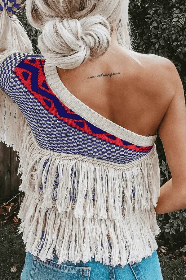 Dunnmall Fashion Sexy Oblique Shoulder Tassel Sweater