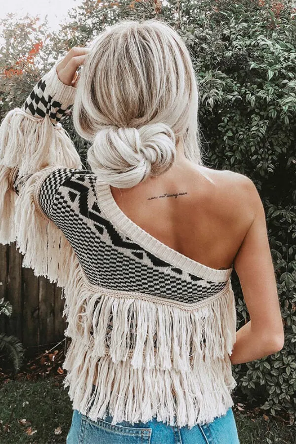 Dunnmall Fashion Sexy Oblique Shoulder Tassel Sweater