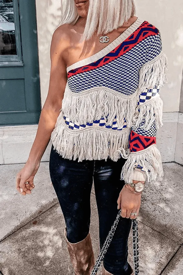 Dunnmall Fashion Sexy Oblique Shoulder Tassel Sweater