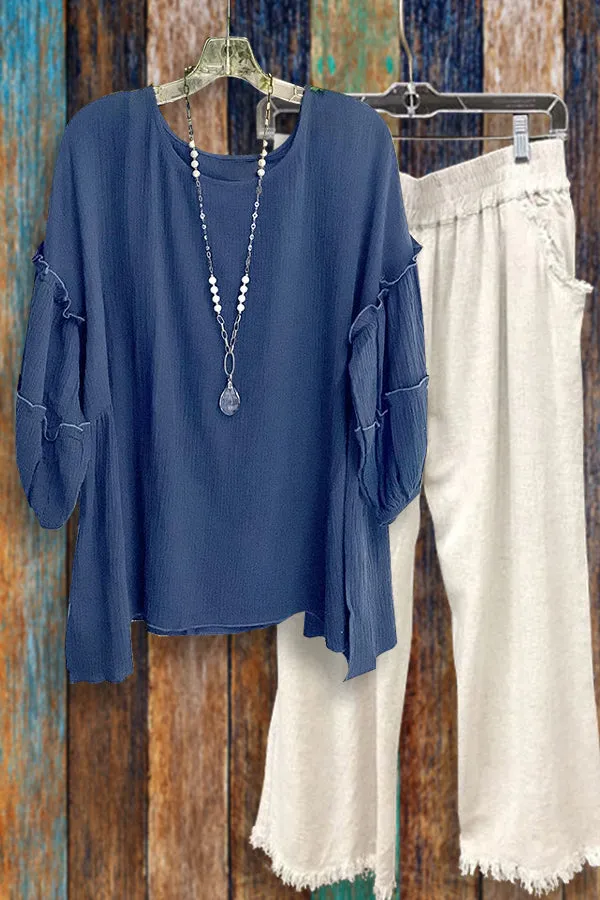 Dunnmall Round Neck Puff Sleeve Top