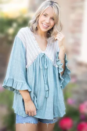 Dunnmall Vintage Patchwork V-Neck Loose Ruffle T-Shirt