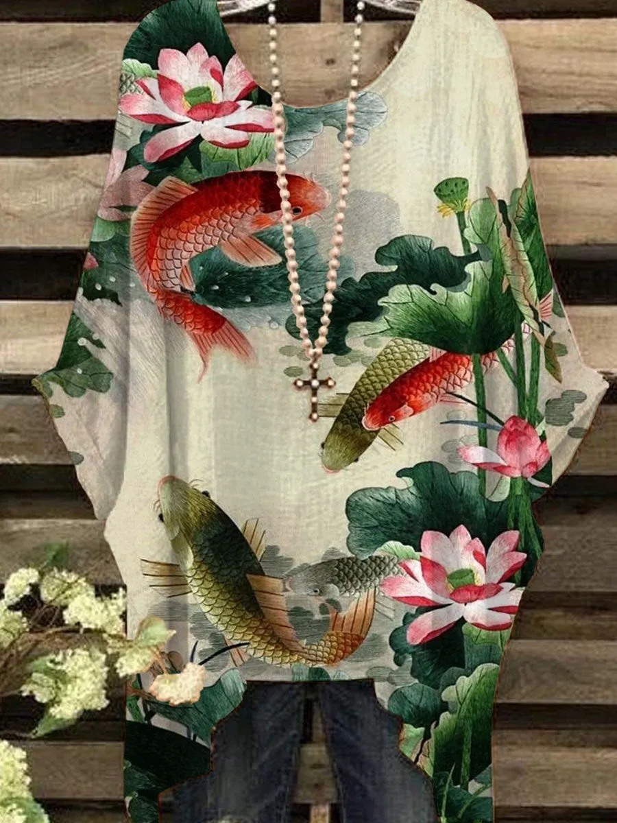 Dunnmall Women's Crew Neck Vintage Carp Print Casual Top