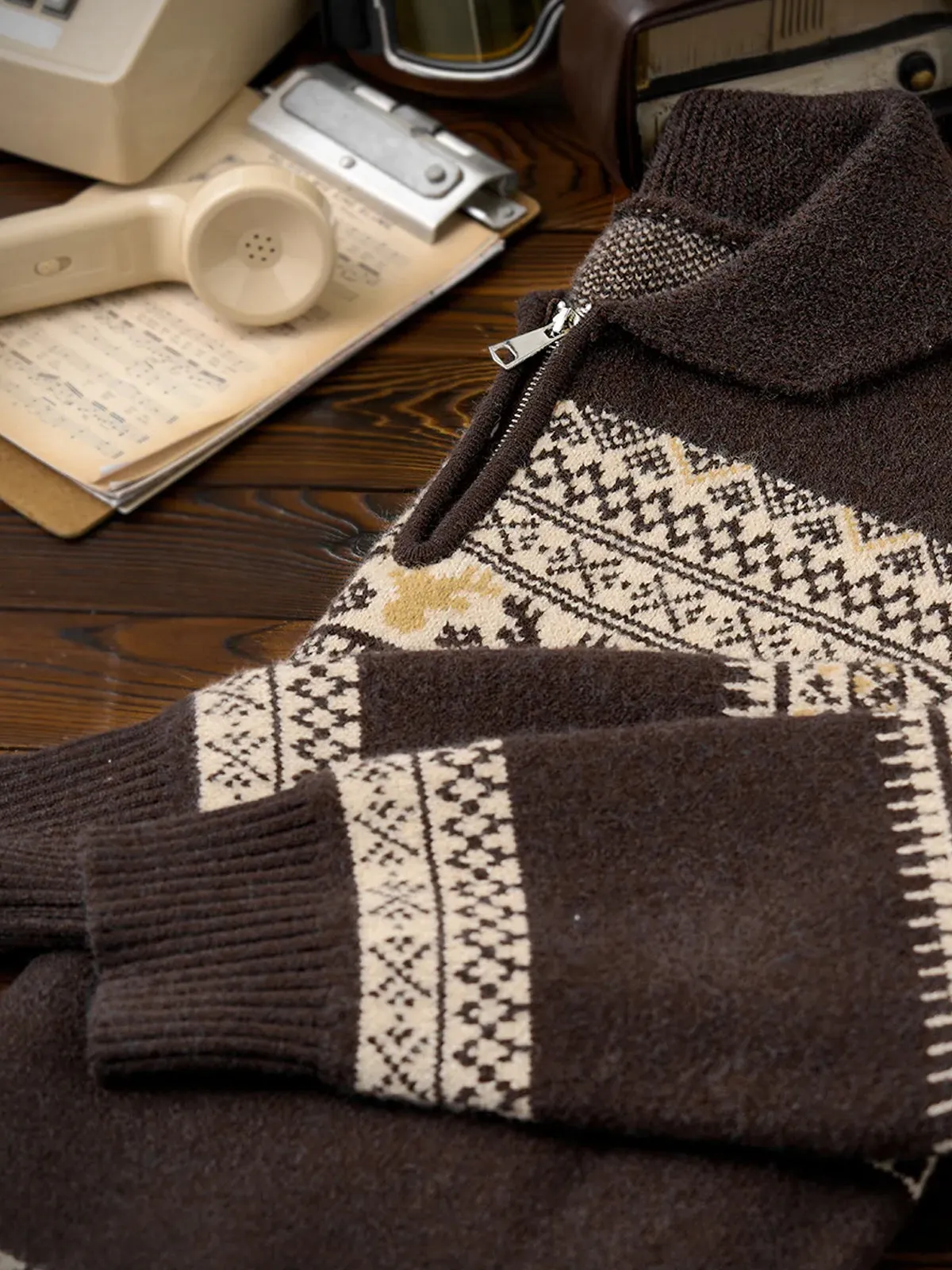 Fair Isle Pattern Jacquard Woven Half-Zip Sweater