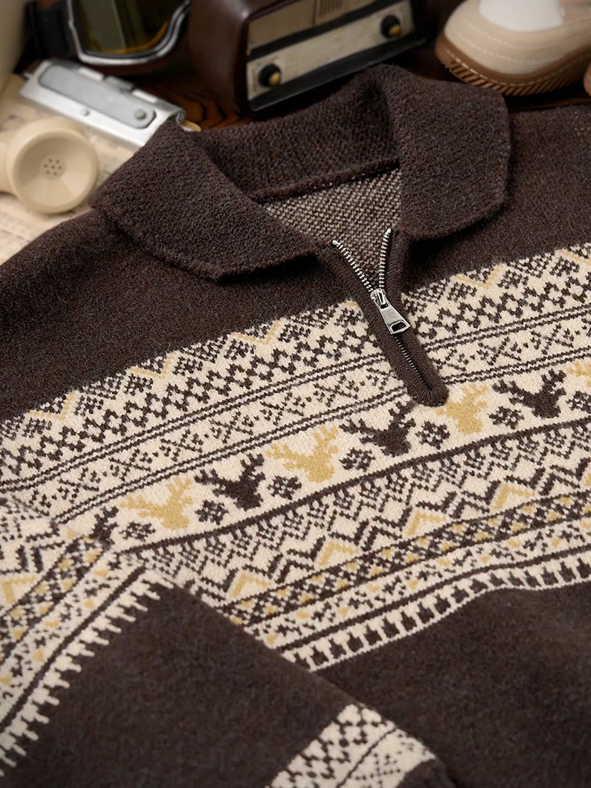 Fair Isle Pattern Jacquard Woven Half-Zip Sweater