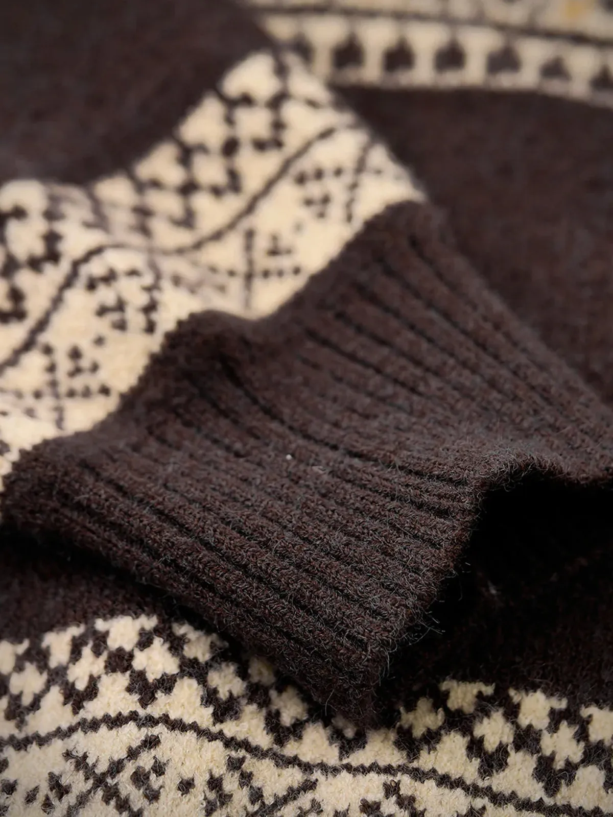 Fair Isle Pattern Jacquard Woven Half-Zip Sweater