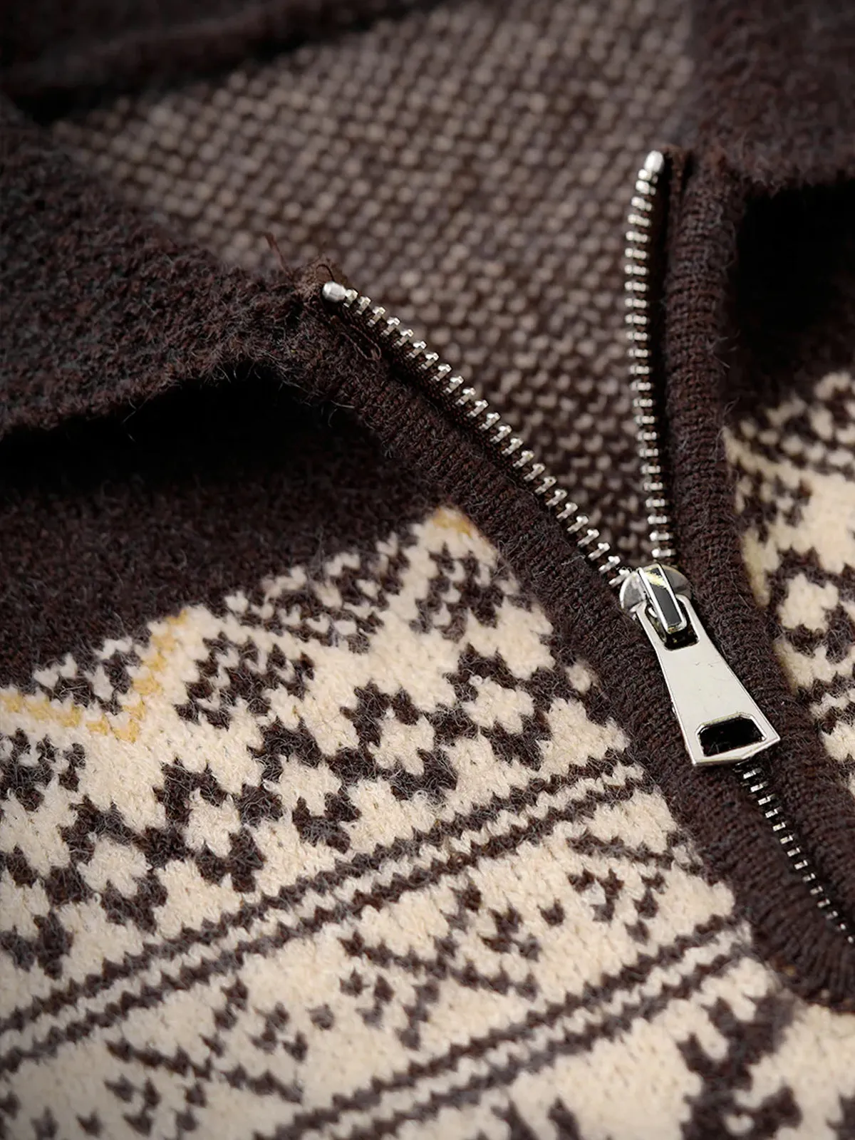 Fair Isle Pattern Jacquard Woven Half-Zip Sweater