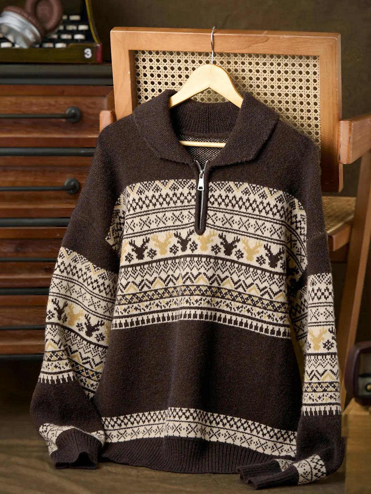 Fair Isle Pattern Jacquard Woven Half-Zip Sweater