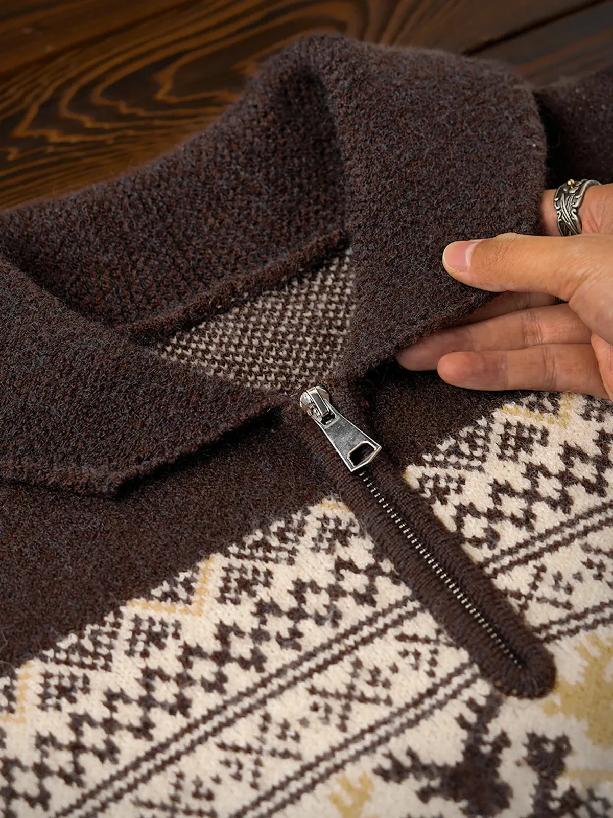 Fair Isle Pattern Jacquard Woven Half-Zip Sweater
