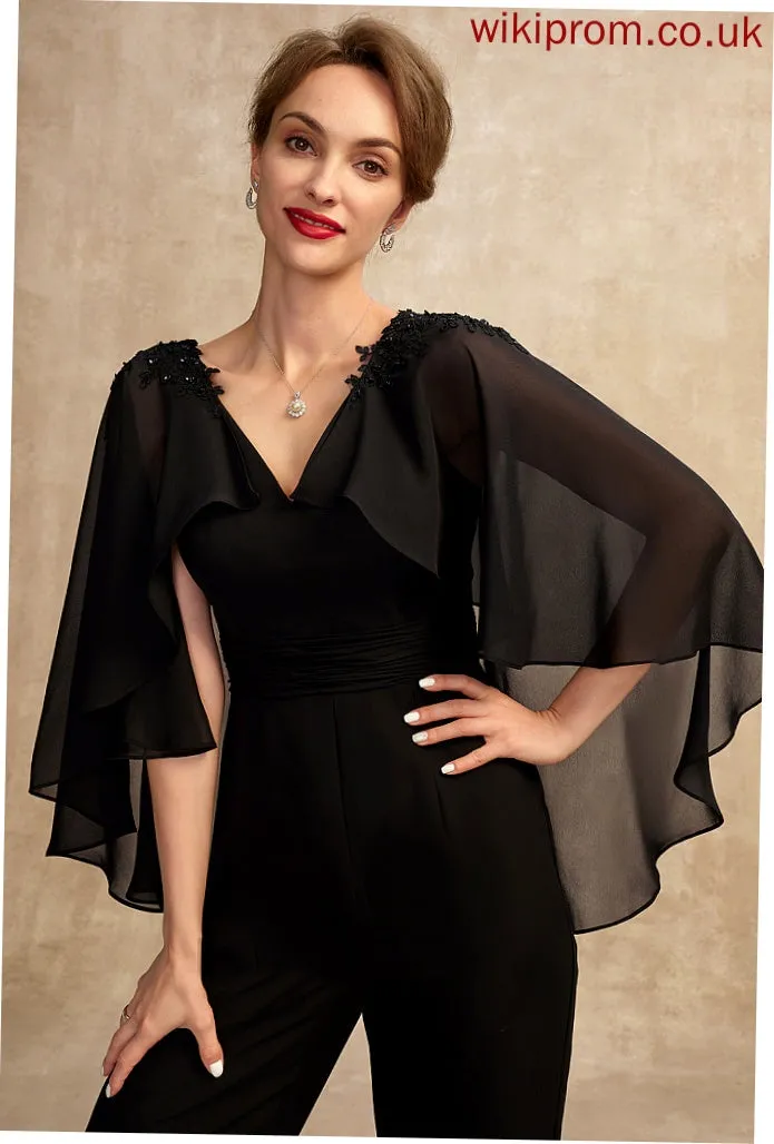 Floor-Length Appliques Jumpsuit/Pantsuit Ruffle Lia Dress Bride Beading Chiffon Sequins Mother of the Bride Dresses the Lace of With Mother V-neck